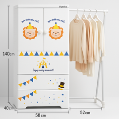 MOMIPOP Kids Wardrobe – Cartoon Lion Design | 3 Drawer + Hanging Space| Durable Plastic Baby Cupboard for Storage & Organization