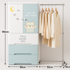MOMIPOP Kids Wardrobe – Cat Print Baby Cupboard with 3 Drawers & Hanging Storage | Cute Cartoon Design | Durable Plastic Storage Cabinet for Children