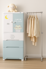 MOMIPOP Kids Wardrobe – Cat Print Baby Cupboard with 3 Drawers & Hanging Storage | Cute Cartoon Design | Durable Plastic Storage Cabinet for Children