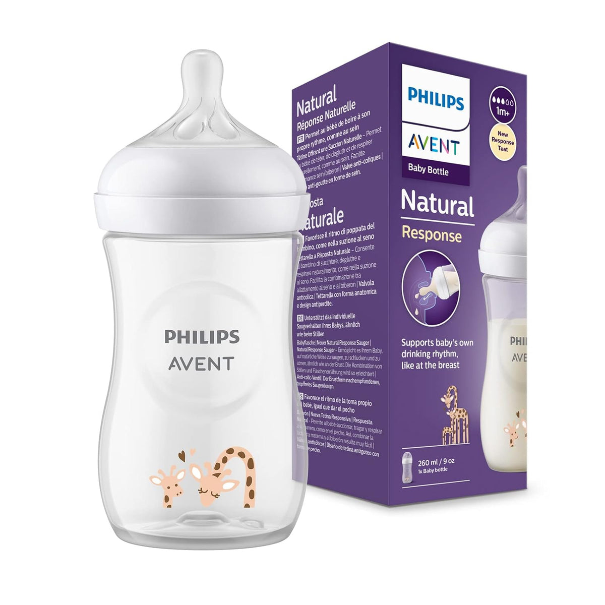 Philips Avent Natural Response Baby Bottle 260ml – Giraffe Print – Age 1m+