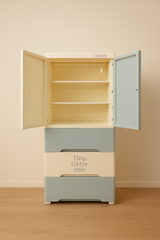 MOMIPOP Kids Wardrobe – Cat Print Baby Cupboard with 3 Drawers & Hanging Storage | Cute Cartoon Design | Durable Plastic Storage Cabinet for Children