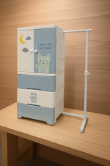 MOMIPOP Kids Wardrobe – Cat Print Baby Cupboard with 3 Drawers & Hanging Storage | Cute Cartoon Design | Durable Plastic Storage Cabinet for Children