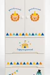 MOMIPOP Kids Wardrobe – Cartoon Lion Design | 3 Drawer + Hanging Space| Durable Plastic Baby Cupboard for Storage & Organization