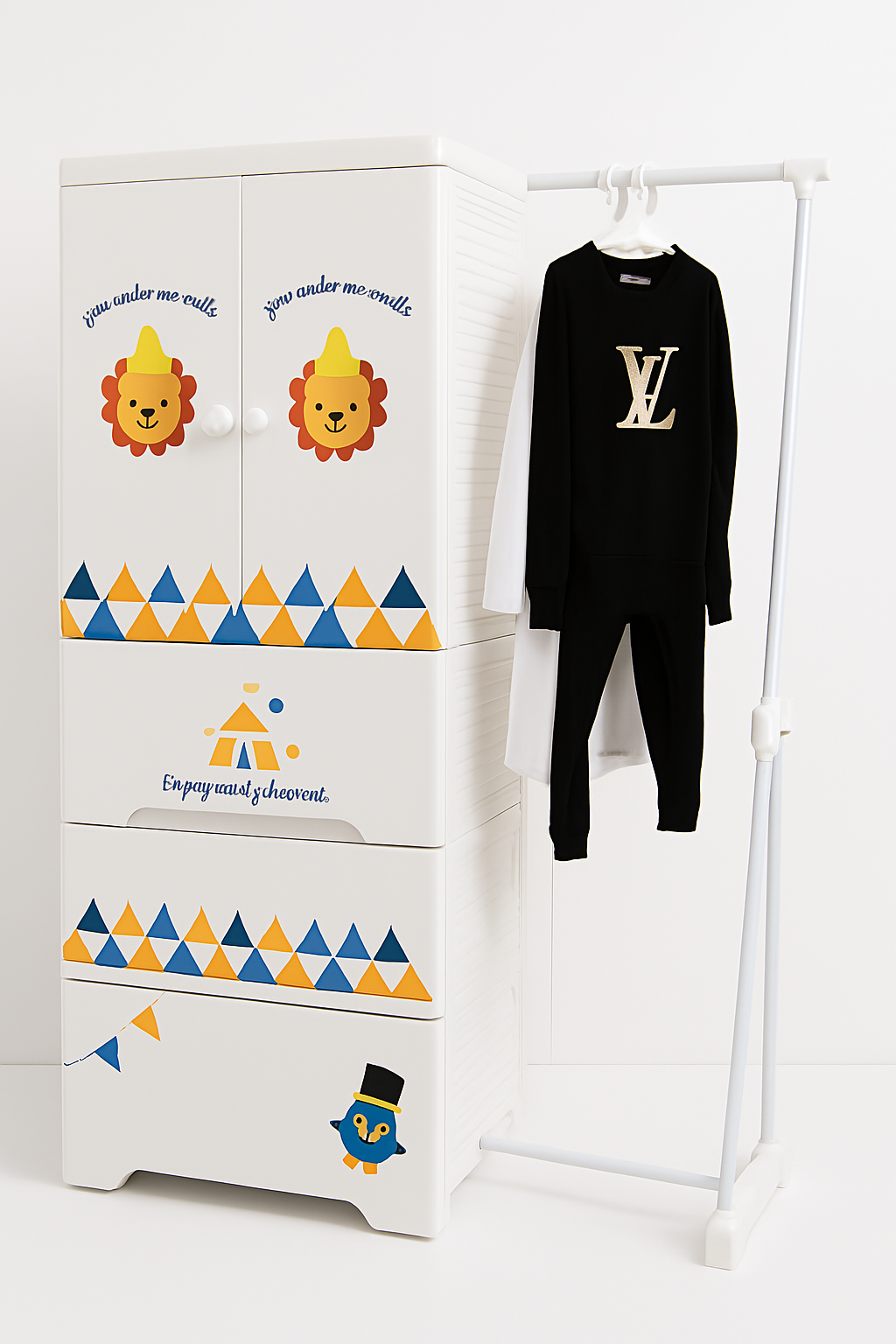 MOMIPOP Kids Wardrobe – Cartoon Lion Design | 3 Drawer + Hanging Space| Durable Plastic Baby Cupboard for Storage & Organization