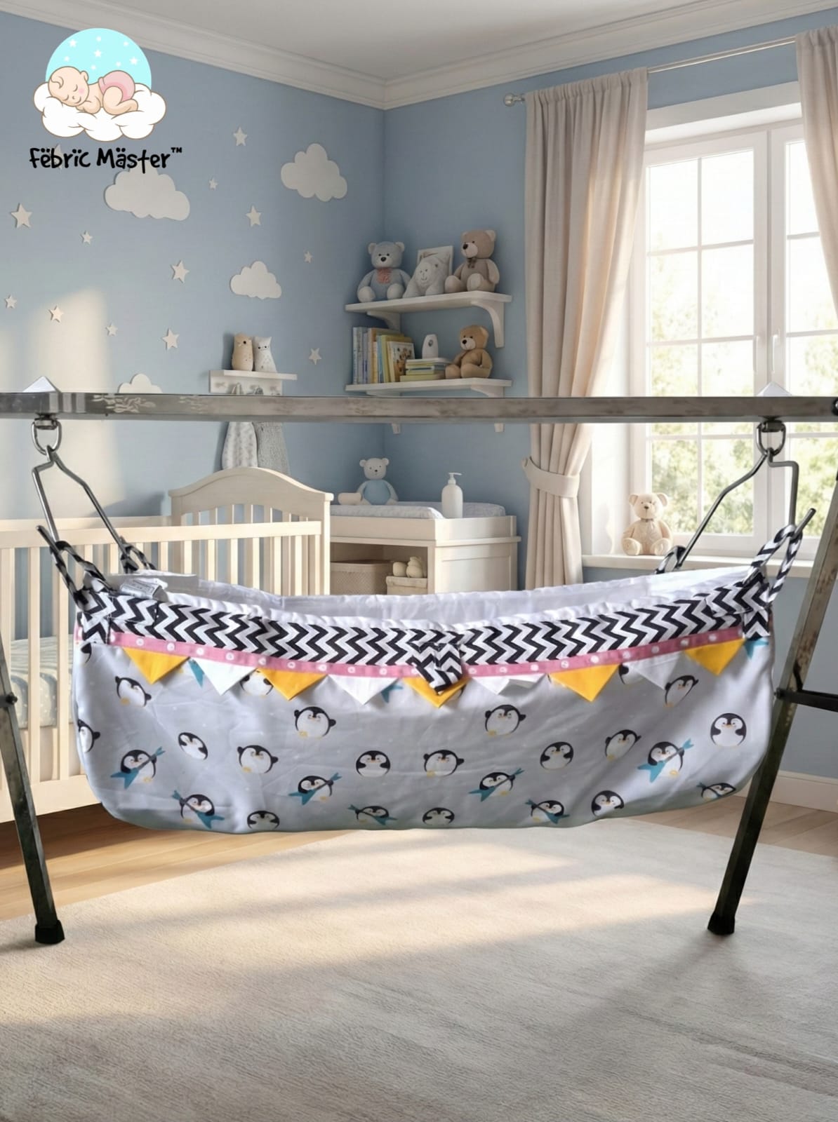Fabric Master™ Premium Cotton Baby Hammock (Jhula) – Playful Penguin Edition