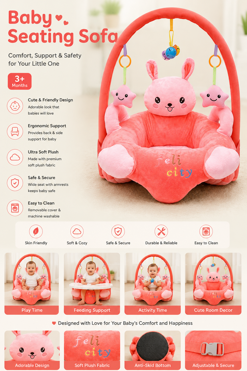 Baby Seating Sofa with Activity Arch – Soft Plush Baby Support Seat (3+ Months)
