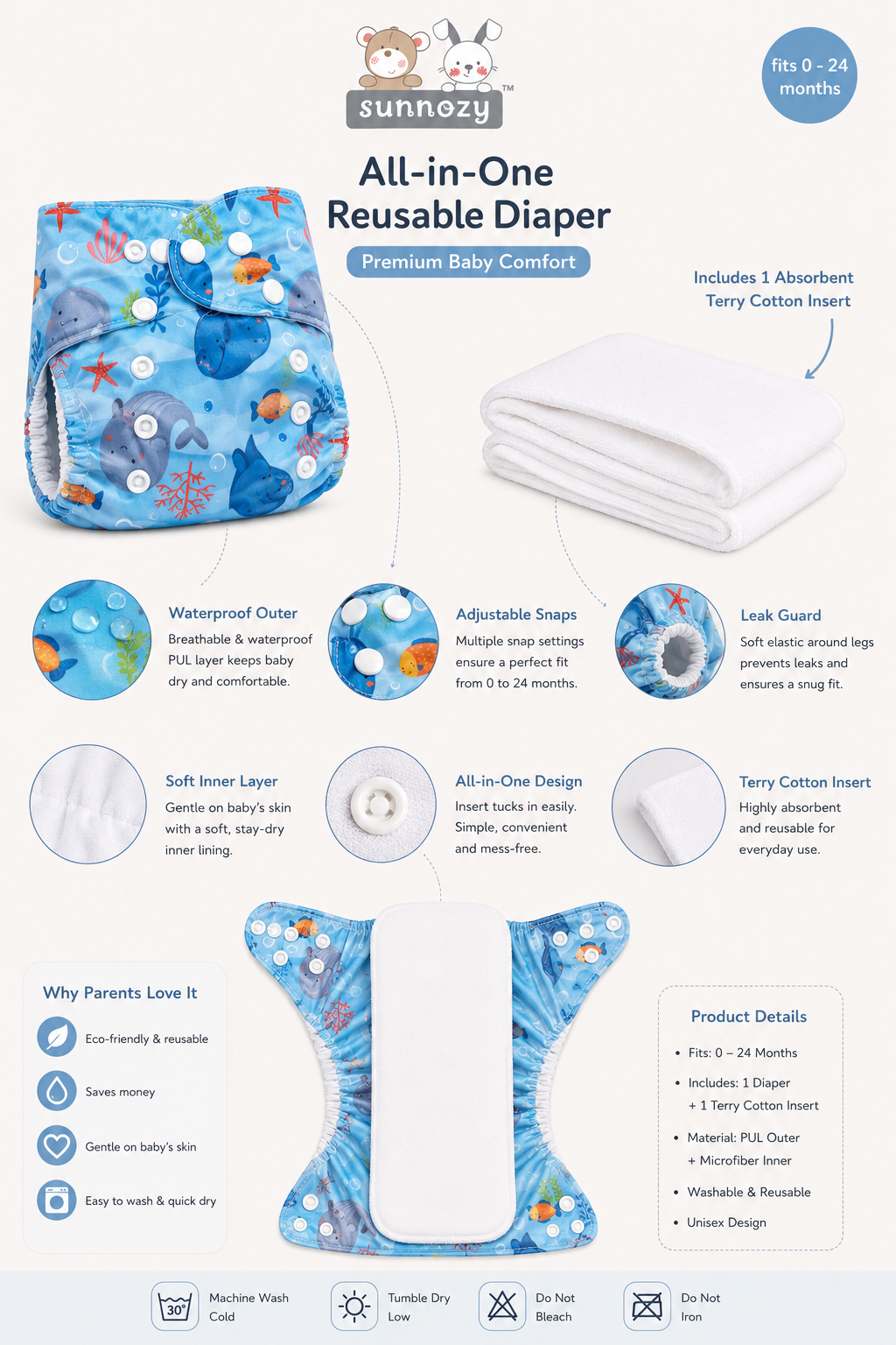 Sunnozy Premium All-in-One Reusable Baby Diaper