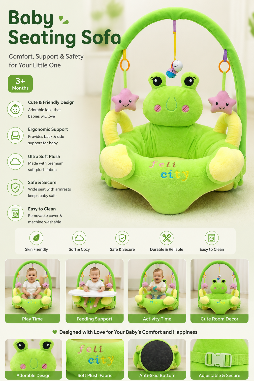 Baby Seating Sofa with Activity Arch – Soft Plush Baby Support Seat (3+ Months)