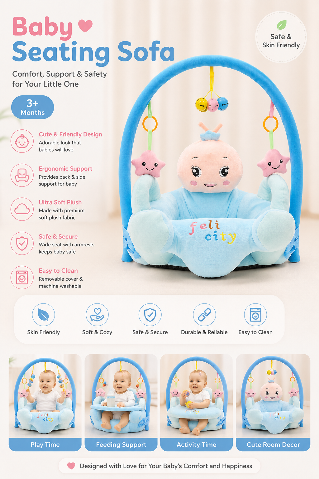 Baby Seating Sofa with Activity Arch – Soft Plush Baby Support Seat (3+ Months)