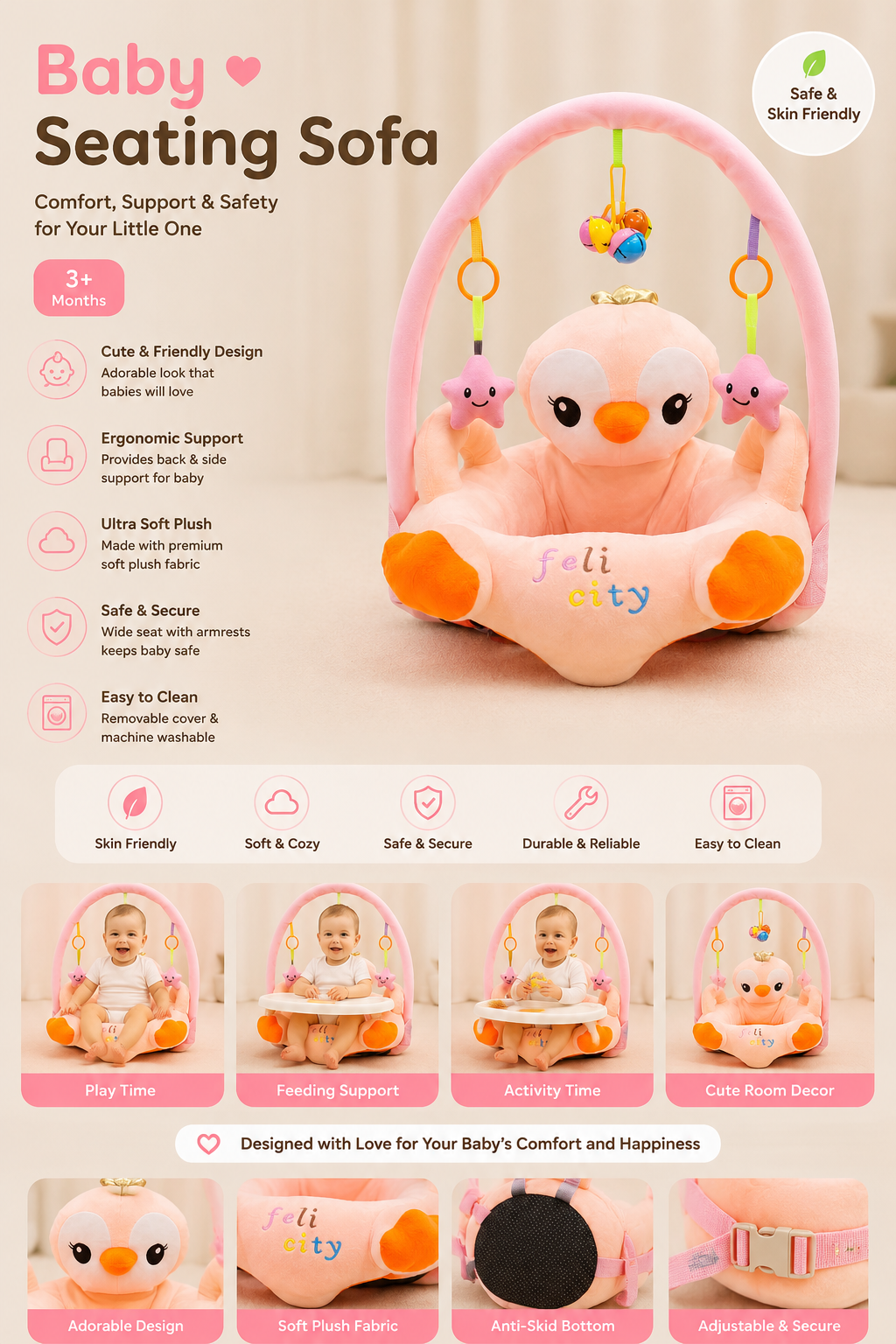 Baby Seating Sofa with Activity Arch – Soft Plush Baby Support Seat (3+ Months)