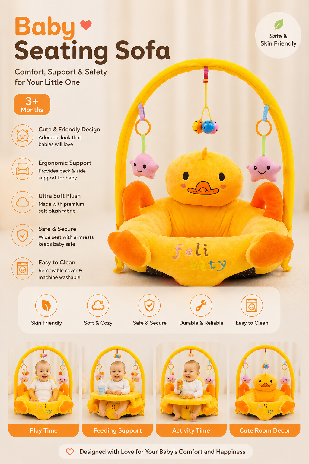 Baby Seating Sofa with Activity Arch – Soft Plush Baby Support Seat (3+ Months)